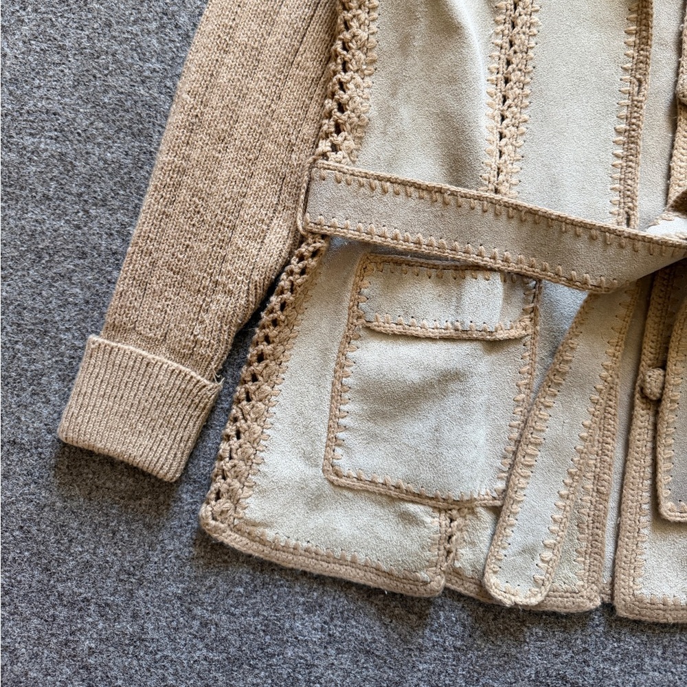 Vtg 70s Suede Knit Patchwork Crochet Cardigan Swe… - image 2